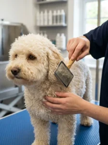 Fluffy dog being brushed before a teddy bear haircut