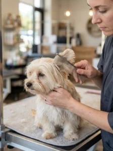 Groomer carefully brushing tangles from a Morkie's fine coat