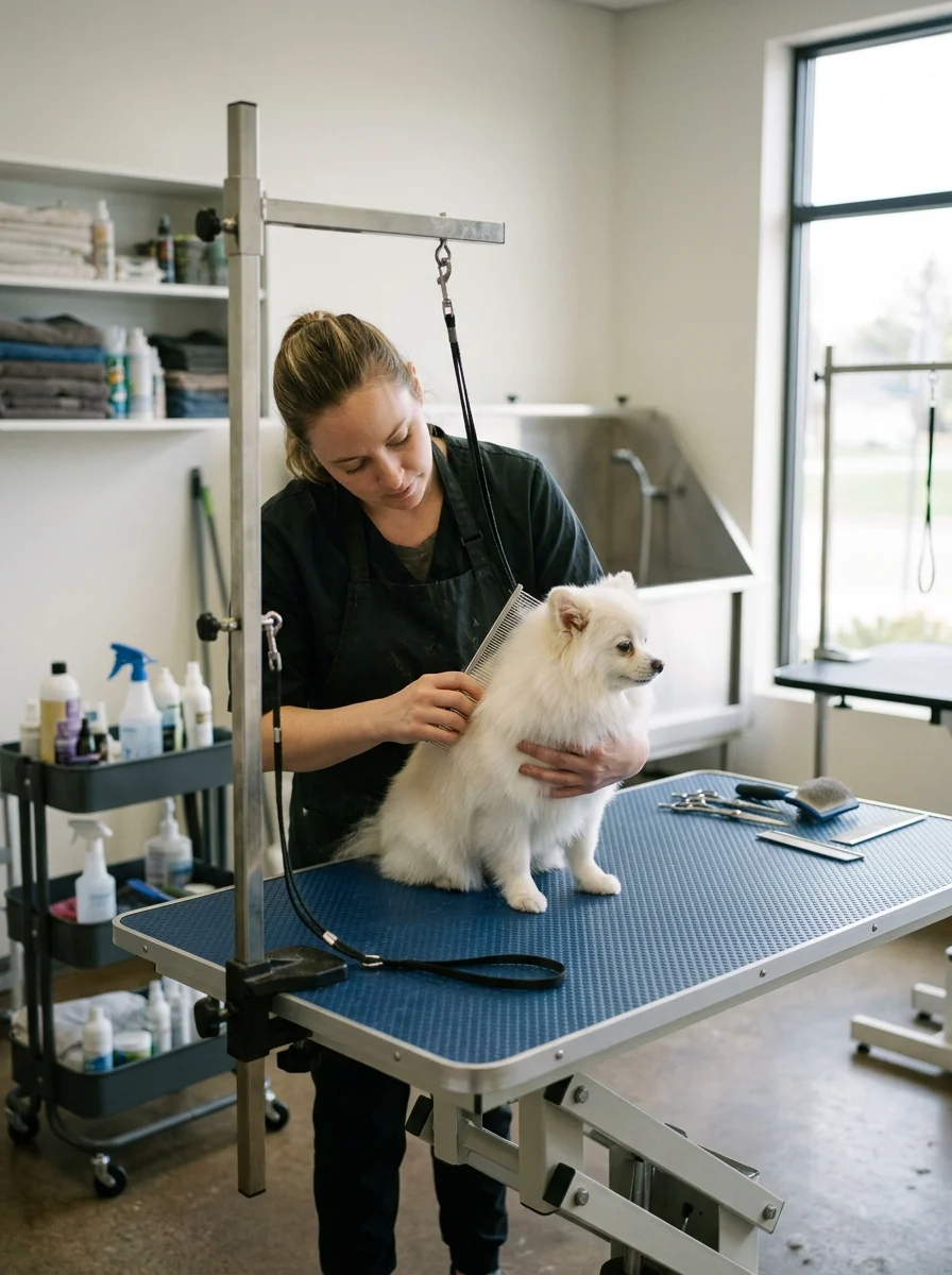 Groomer carefully trimming and combing a small fluffy dog