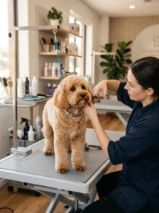 Cavapoo with a classic teddy bear haircut at a professional grooming salon
