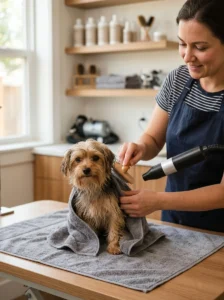 Morkie being gently dried and brushed after a bath