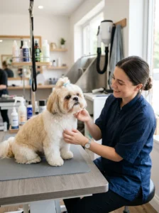 Shih Tzu with teddy bear haircut during a grooming consultation