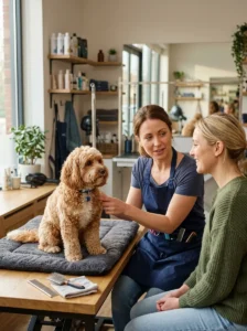 Cavapoo owner discussing haircut options with a professional groomer
