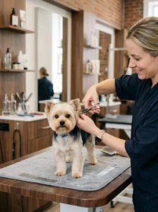 Morkie with a neat puppy haircut at a professional grooming salon
