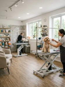 Cavapoo with a classic teddy bear haircut at a professional grooming salon
