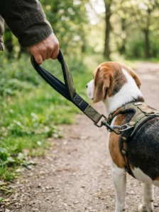 Padded dog leash securely attached to a beagle's harness for comfortable walking.