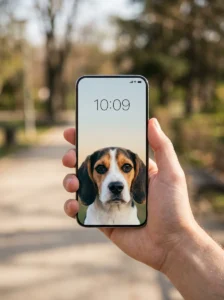 Smartphone displaying a carefully cropped beagle wallpaper with space for the clock.