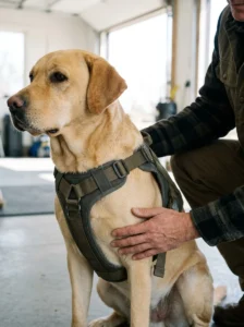 Handler checking the chest straps and fit of a service dog vest