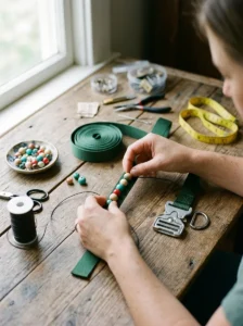 Beads, waxed cord, nylon webbing, and metal hardware for making a dog collar.