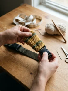 Fitting a crochet collar sleeve over webbing and checking the buckle opening