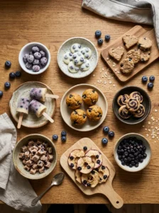 Nine homemade blueberry dog treat recipes arranged together