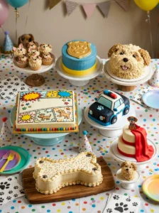 Eight creative Dog Man cake ideas, including cupcakes, a police car cake, and a dog face cake.