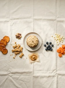 Homemade dog cake decorated with biscuit bones, blueberries, carrot flowers, and sweet potato.