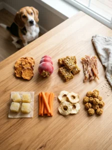 Eight homemade dog chew ideas made with simple ingredients for dogs.
