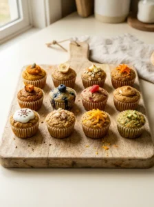 Homemade mini dog cupcakes in twelve flavors including pumpkin, banana, blueberry, chicken and peanut butter.