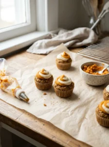 Homemade dog cupcakes topped with simple pumpkin puree and plain yogurt frosting.