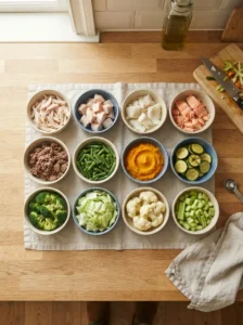 Ingredients for homemade diabetic dog food recipes including lean meat and vegetables