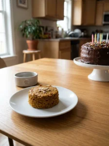 Plain homemade pumpkin dog treat cake served separately from a human birthday cake.