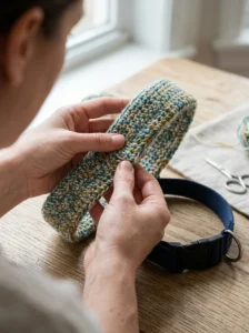 Inspecting a crochet dog collar cover for loose yarn, snags, and stretched stitches