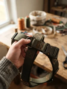 Dog owner checking stitching and hardware on a homemade dog harness