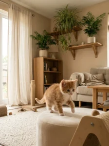 Kitten exploring a room with safely positioned cat friendly house plants