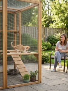 Kitten safely exploring a secure outdoor catio
