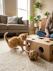 Kitten playing safely with simple homemade cardboard and paper toys