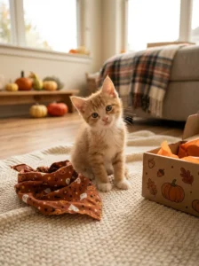 Kitten beside a simple Halloween bandana and decorated box