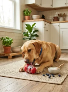 Labrador enjoying a frozen blueberry yogurt enrichment toy