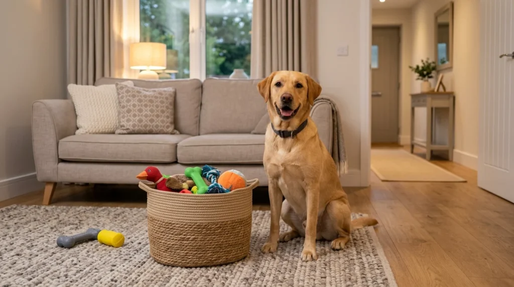 Dog toy basket filled with squeaky toys in a tidy living room
