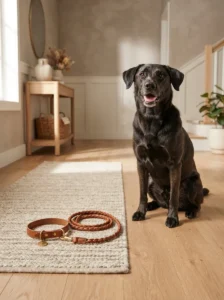 Labrador mix ready for a walk wearing a stylish dog ID tag
