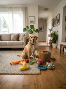 Squeaky dog toys scattered across a living room floor