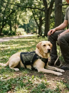 Yellow Labrador wearing a lightweight mesh working dog vest with a treat pocket