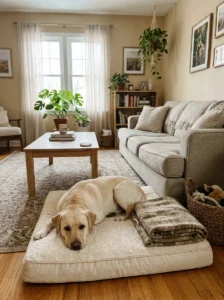 Labrador relaxing on a comfortable dog bed beside a neutral living room sofa.