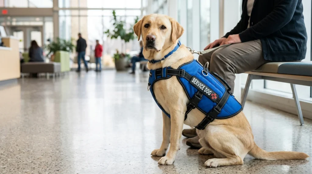 Labrador wearing a comfortable service dog vest beside its handler