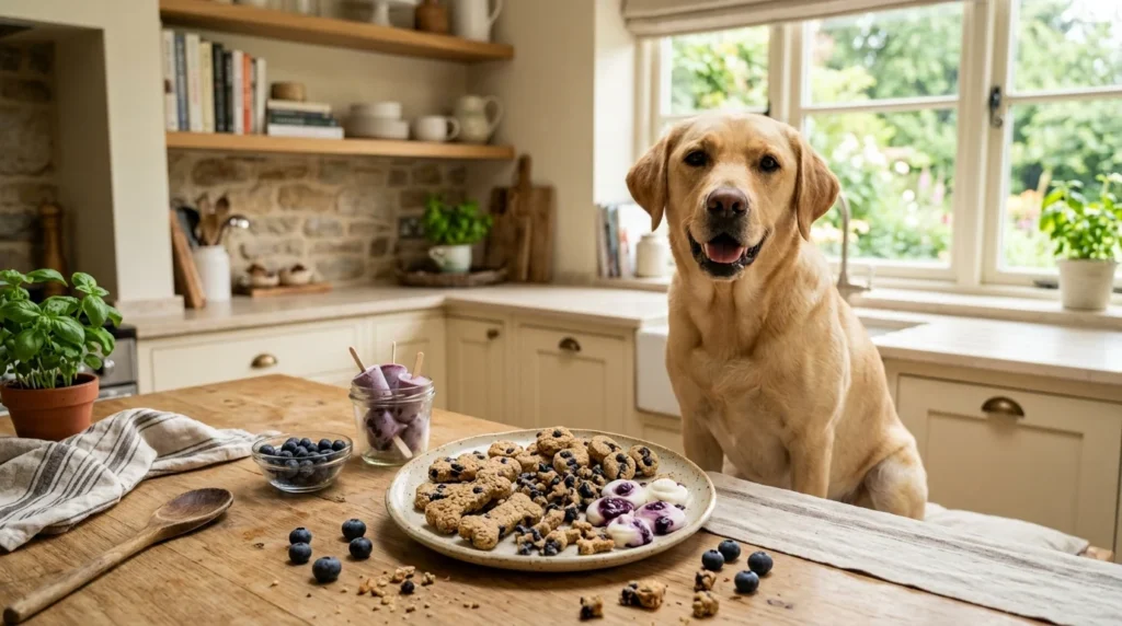 Homemade blueberry dog treats with fresh blueberries