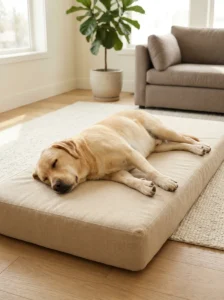 Large Labrador sleeping comfortably on a spacious extended dog bed.
Copy alt text