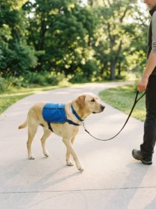 Labrador in a comfortable working dog vest walking beside its handler