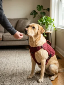 Handler helping a Labrador get comfortable wearing a lightweight service dog vest at home