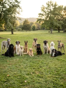 Group portrait of 12 large dog breeds with different coat types and appearances.