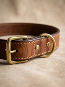 Full-grain leather dog collar with durable stitching and brass hardware