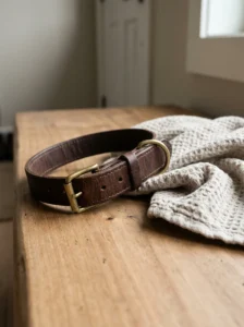 Brown leather dog collar drying naturally after exposure to rain
