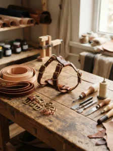 Handmade leather dog harness with leatherworking supplies
