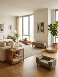 Different dog bed furniture styles including wooden kennels, upholstered beds and rattan baskets.