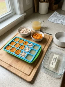 Pumpkin puree, shredded chicken, and plain broth portioned in a silicone tray for dog food toppers.