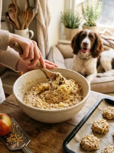 Grated apple being mixed into homemade dog treat dough