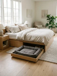 Under-bed dog sleeping space with a cushioned pull-out bed