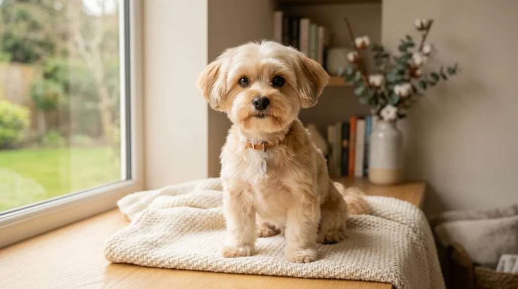 Adorable Morkie with a neatly groomed teddy bear haircut