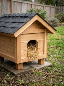 Safely constructed outdoor cat shelter with a raised base, smooth edges, and dry bedding.