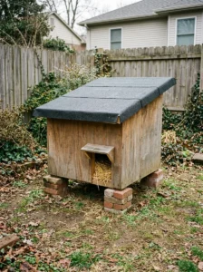 Weatherproof outdoor cat shelter raised above the ground with a sloped roof and dry straw bedding.